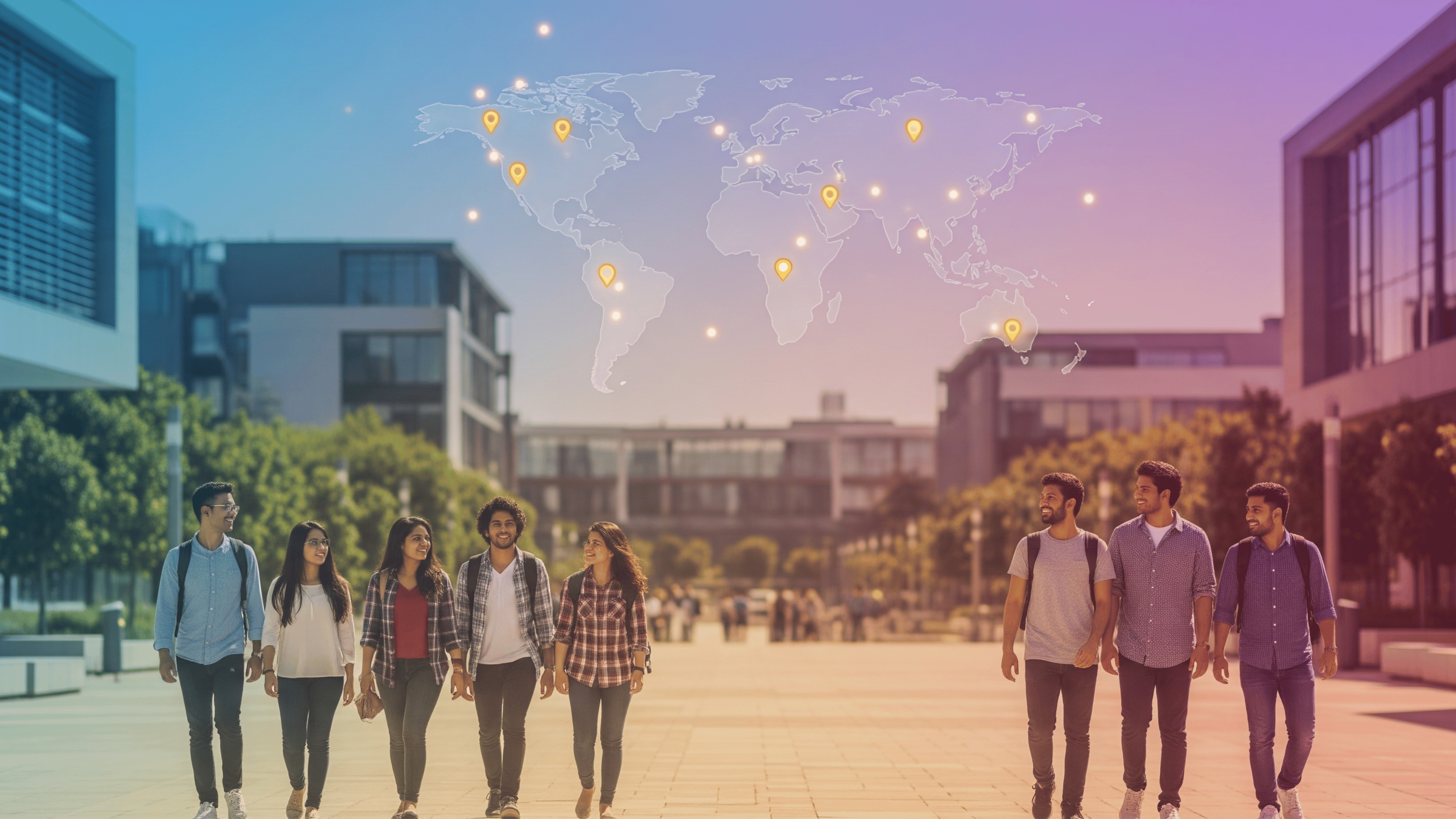 Diverse students walking on modern university campus with world map showing global study destinations