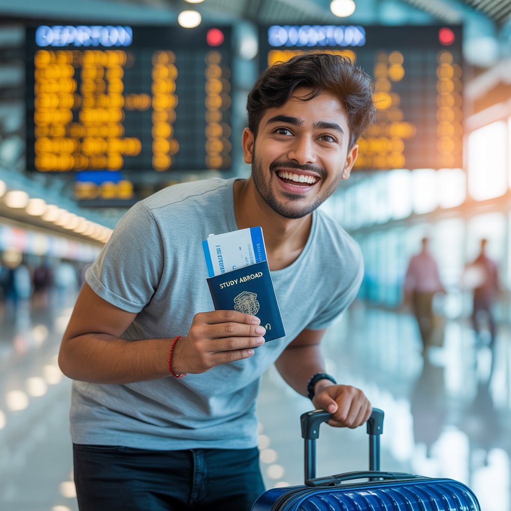 Happy student at airport with passport and tickets ready for study abroad journey